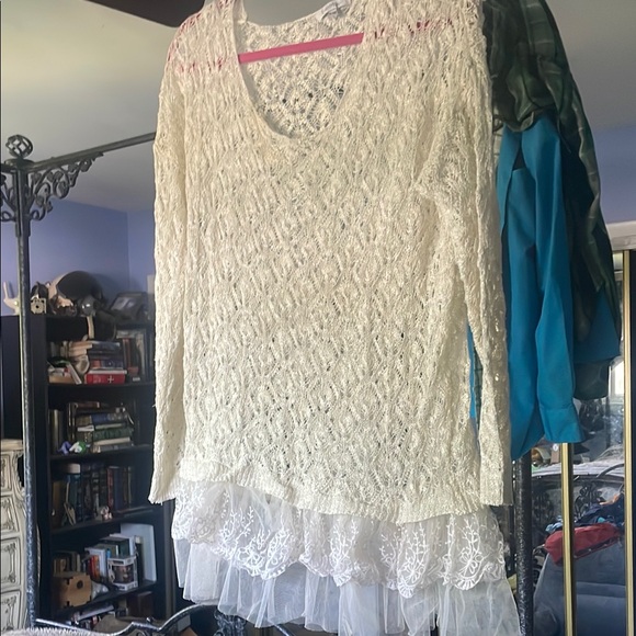 Lace Knit Cream Sweater with Tulle Hem FINAL PRICE - Picture 1 of 5